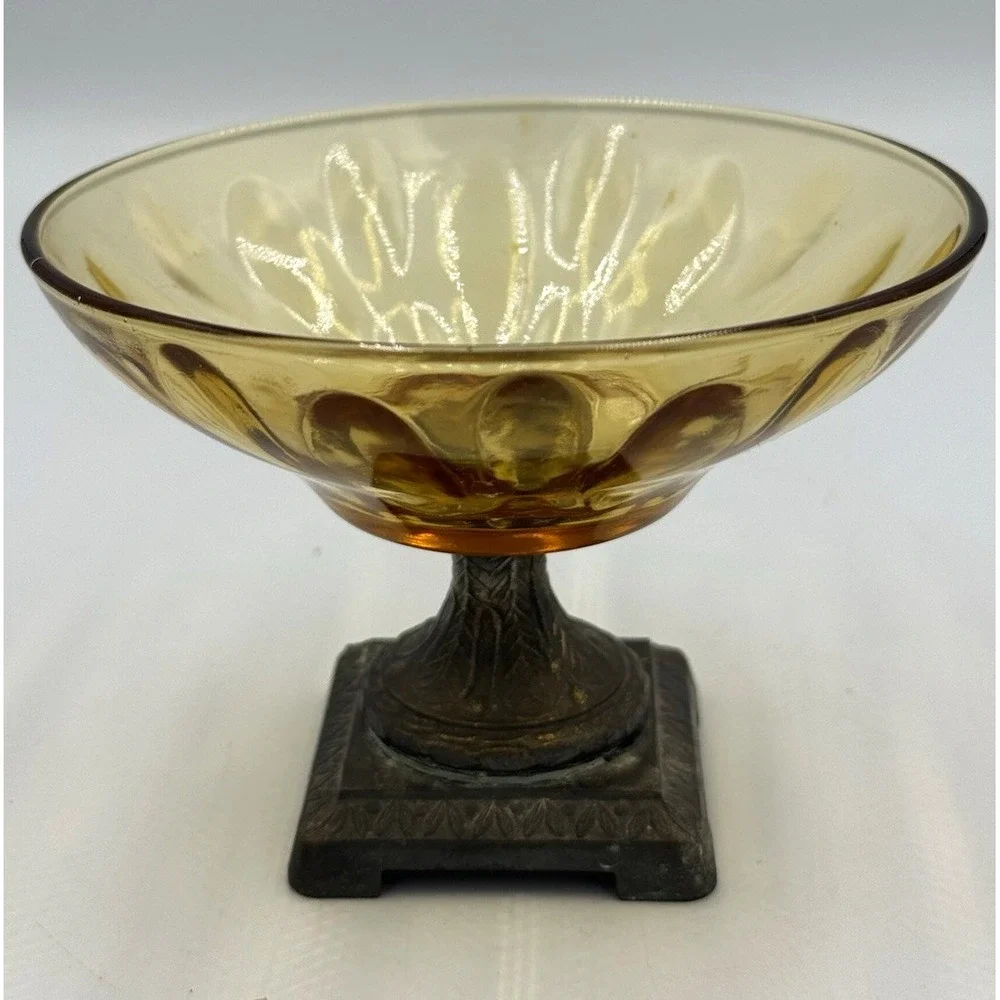 Amber Glass Compote Pedestal Bowl w/Metal Base 10